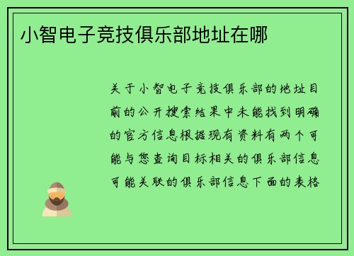 小智电子竞技俱乐部地址在哪